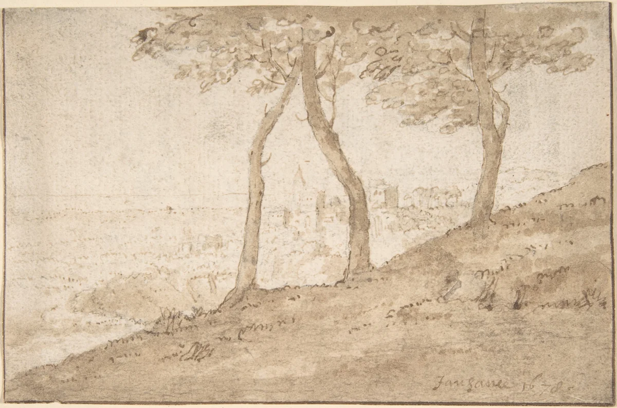 Landscape near Rome (recto); Fountain (verso) by anonymous, drawing, 1600-1699
