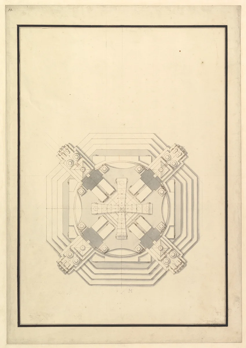 Ground Plan for a Catafalque for a Duke of Wolfenbüttel-Brunswich, probably Anton Ulrich (d. 1714) by Giuseppe Galli Bibiena, drawing, 1696-1756