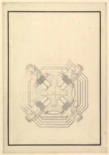 Ground Plan for a Catafalque for a Duke of Wolfenbüttel-Brunswich, probably Anton Ulrich (d. 1714) by Giuseppe Galli Bibiena, drawing, 1696-1756