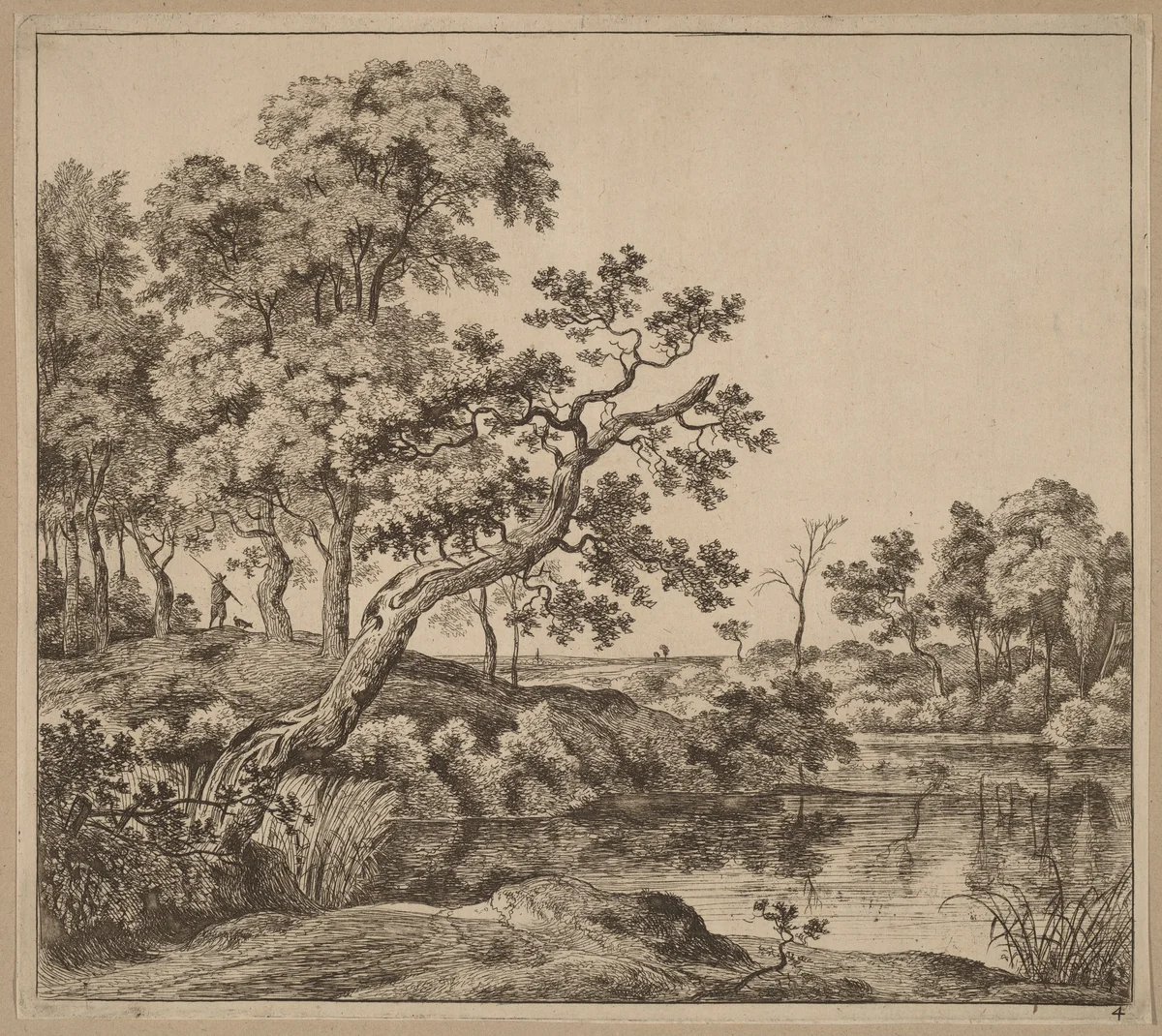 Landscape with a Bending Tree by Jan Hackaert, print, 1628-1699