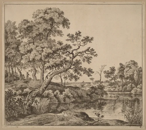 Landscape with a Bending Tree by Jan Hackaert, print, 1628-1699