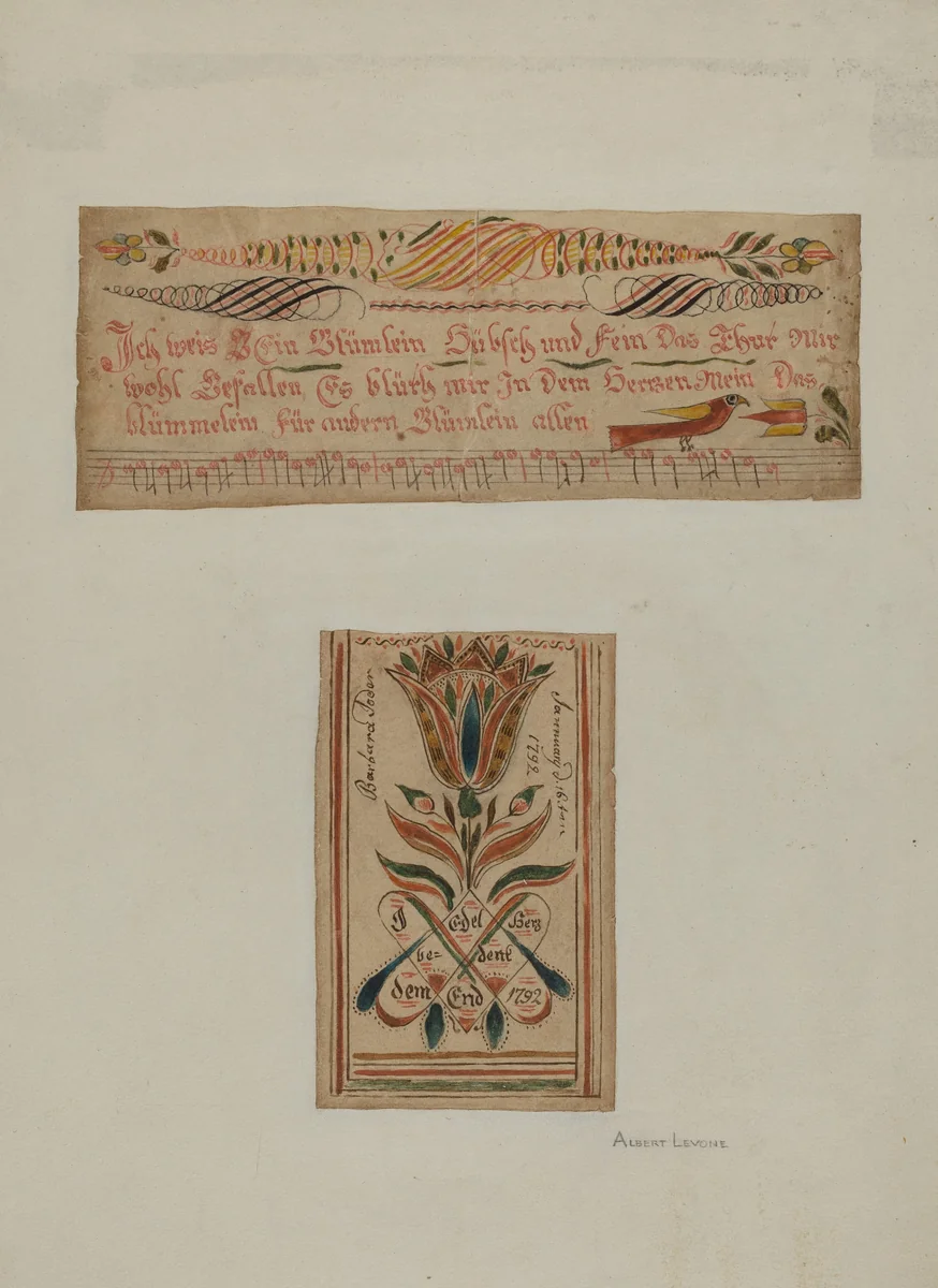 Fractur Paintings (Upper-a Hymn; Lower- Religious Motto) by Albert Levone, index of american design, 1940