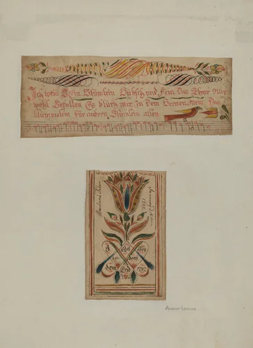 Fractur Paintings (Upper-a Hymn; Lower- Religious Motto) by Albert Levone, index of american design, 1940