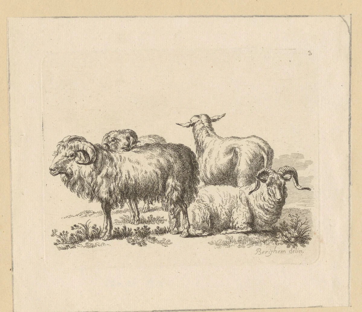 Drie rammen en een schaap by François Vivares, print, 1719-1780