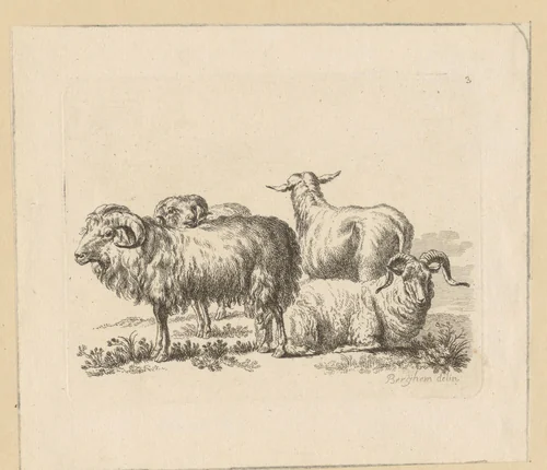 Drie rammen en een schaap by François Vivares, print, 1719-1780