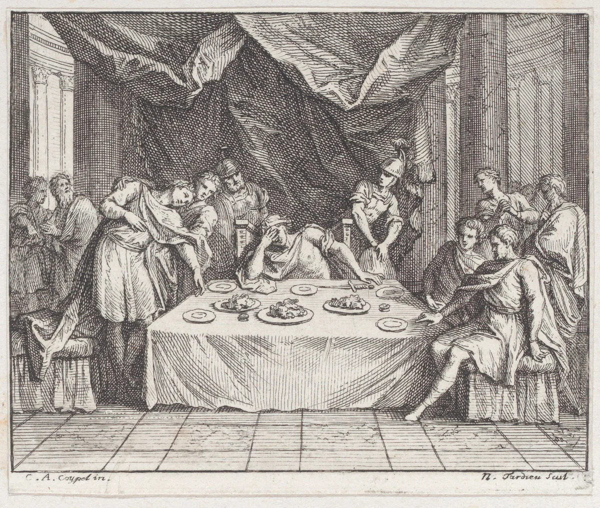 Book 2, Fable 1: the Two Oracles (Les Deux Oracles), from "Fables Nouvelles" by Nicolas Henry Tardieu, print, 1719