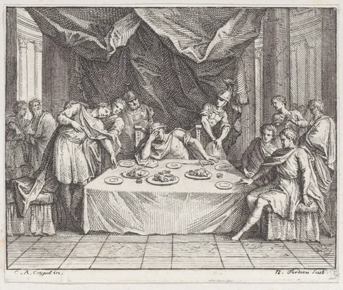 Book 2, Fable 1: the Two Oracles (Les Deux Oracles), from "Fables Nouvelles" by Nicolas Henry Tardieu, print, 1719