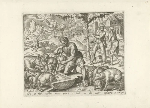 De verloren zoon als varkenshoeder by Unknown, print, 1562
