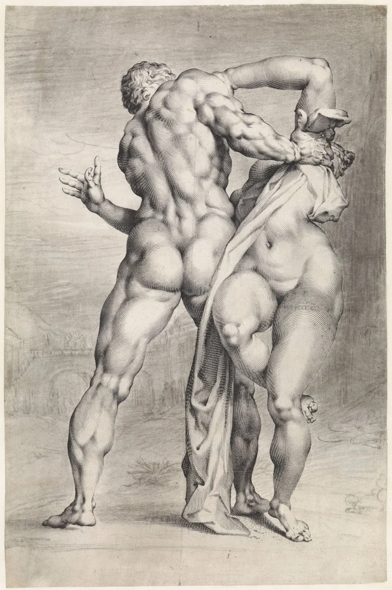 Roof van een Sabijnse vrouw, achteraanzicht by Jan Harmensz. Muller, print, 1596-1600