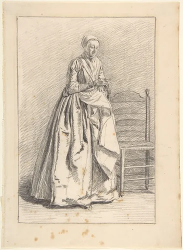 A Woman Standing next to a Chair by Nicolaas Muys, drawing, 1750-1808