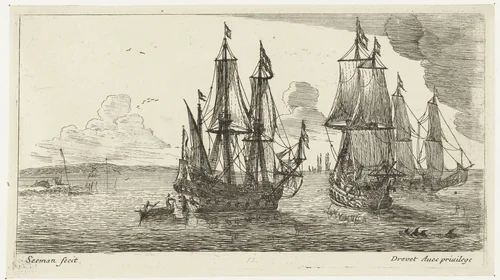 Drie koopvaardijschepen voor de kust by anonymous, print, 1650-1738