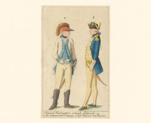 Twee Amerikaanse soldaten in uniform by Daniel Berger, print, 1783