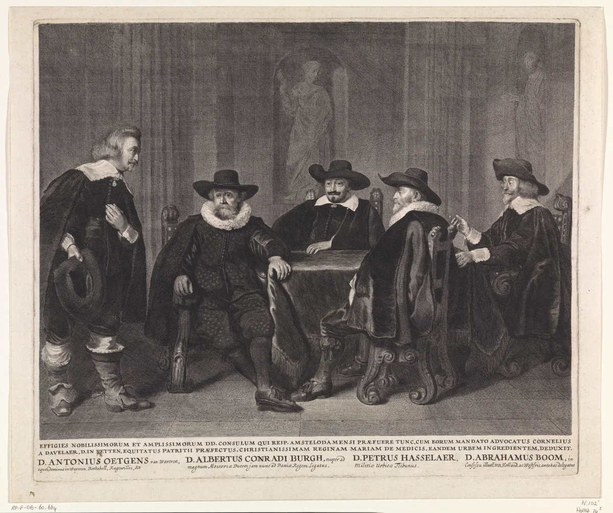 De vier Amsterdamse burgemeesters wachtend op het bericht van de aankomst van Maria de´ Medici, 1638 by Jonas Suyderhoef, print, 1638