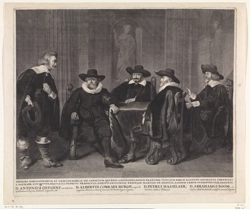 De vier Amsterdamse burgemeesters wachtend op het bericht van de aankomst van Maria de´ Medici, 1638 by Jonas Suyderhoef, print, 1638