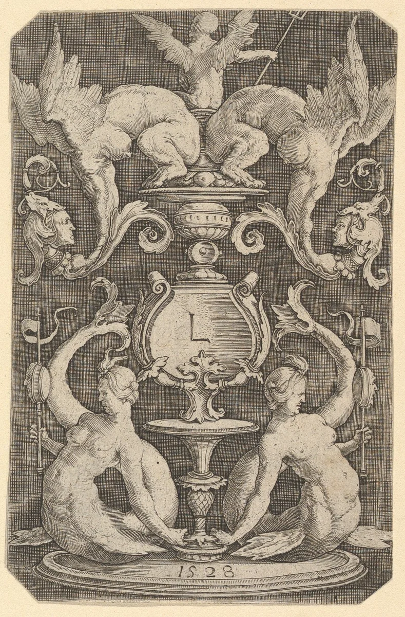 Panel of Ornament with Two Sirens by Lucas van Leyden, print, 1528