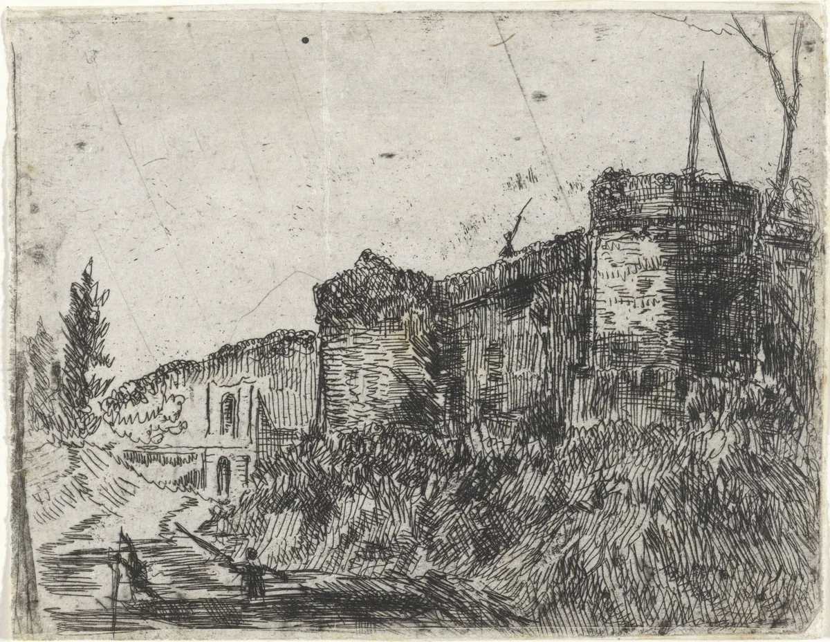 Vestingmuur met schildwacht by Arnoud Schaepkens, print, 1831-1904