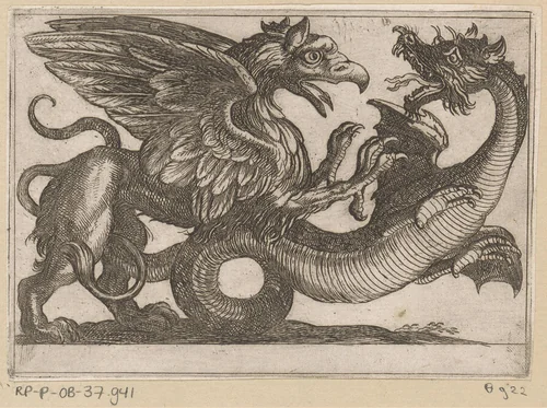 Draak en griffioen in gevecht by Antonio Tempesta, print, 1600