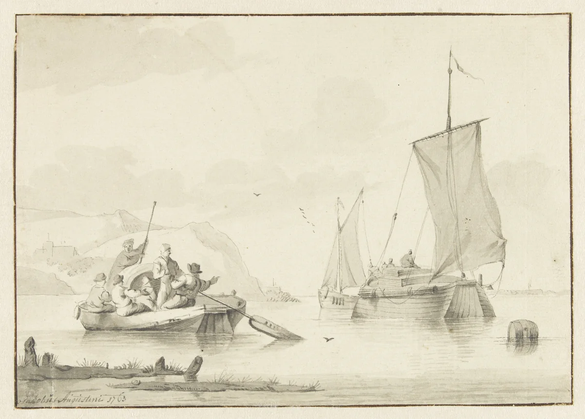 Enkele schuiten nabij een kust by Jacobus Luberti Augustini, drawing, 1763