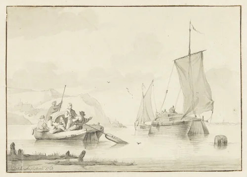 Enkele schuiten nabij een kust by Jacobus Luberti Augustini, drawing, 1763