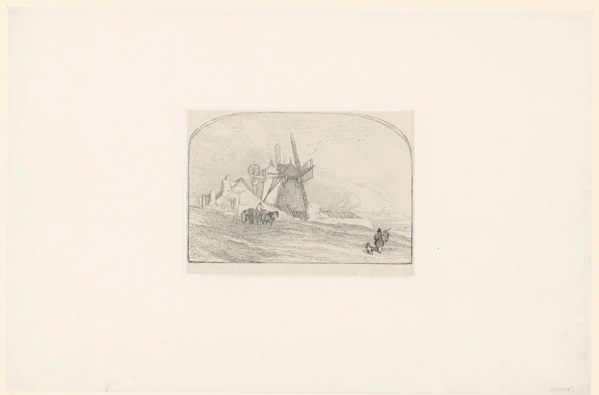 Twee windmolens bij Great Yarmouth by John Sell Cotman, print, 1792-1842