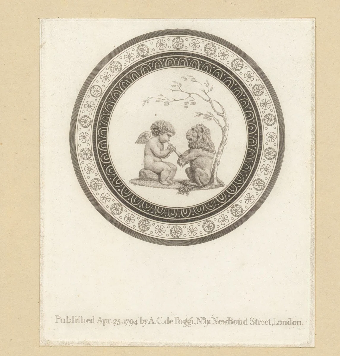 Putto met fluit met een zittende leeuw by anonymous, print, 1794