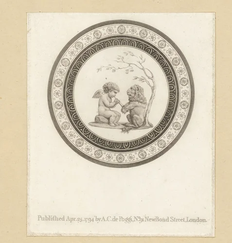 Putto met fluit met een zittende leeuw by anonymous, print, 1794