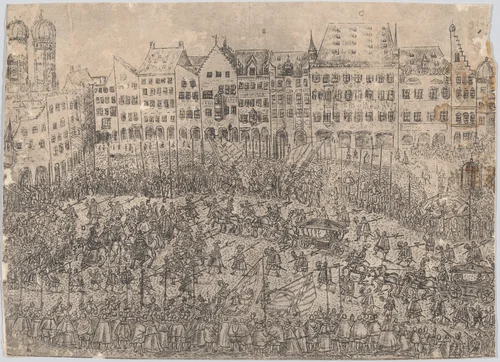 How one entered the church (Folgt wie man zur Kirchen gangen), from a series depicting the wedding of Wolfgang Wilhelm, Duke of Pfalz-Neuberg, Pfalzgraf, and Magdalena, Duchess of Bavaria, in Munich, 1613 (Plate 4) by Wilhelm Peter Zimmermann, print, 1614