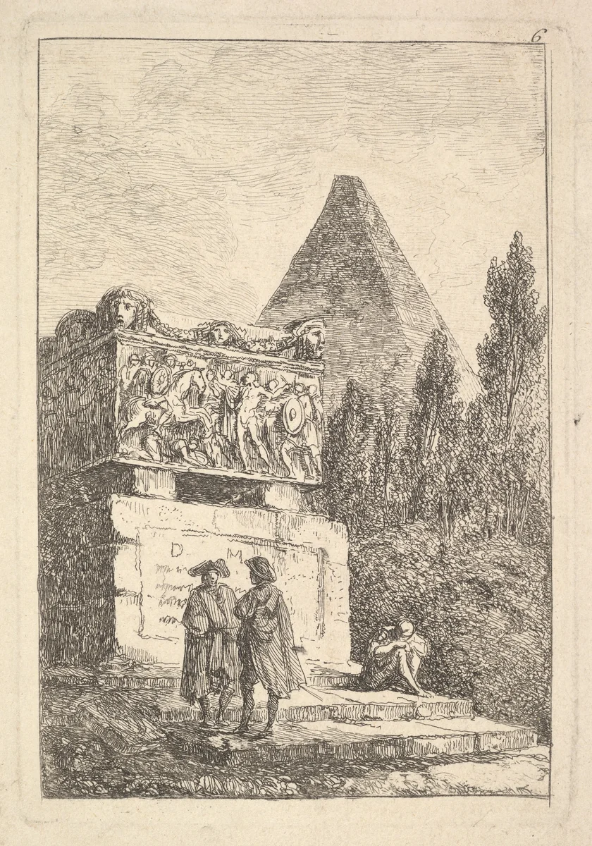 Plate 6: The Sarcophagus: two men conversing to left, another man seated and sleeping to right, an ancient sarcophagus to left decorated with reliefs, a pyramid to right in the background half-hidden by cyprus trees, from "Les soirées de Rome" by Hubert Robert, print, 1763-1764