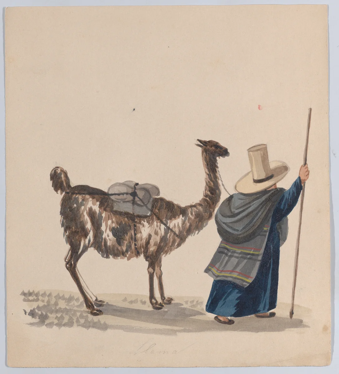 A woman walking with a Llama, from a group of drawings depicting Peruvian dress by Francisco Fierro, drawing, 1843-1853