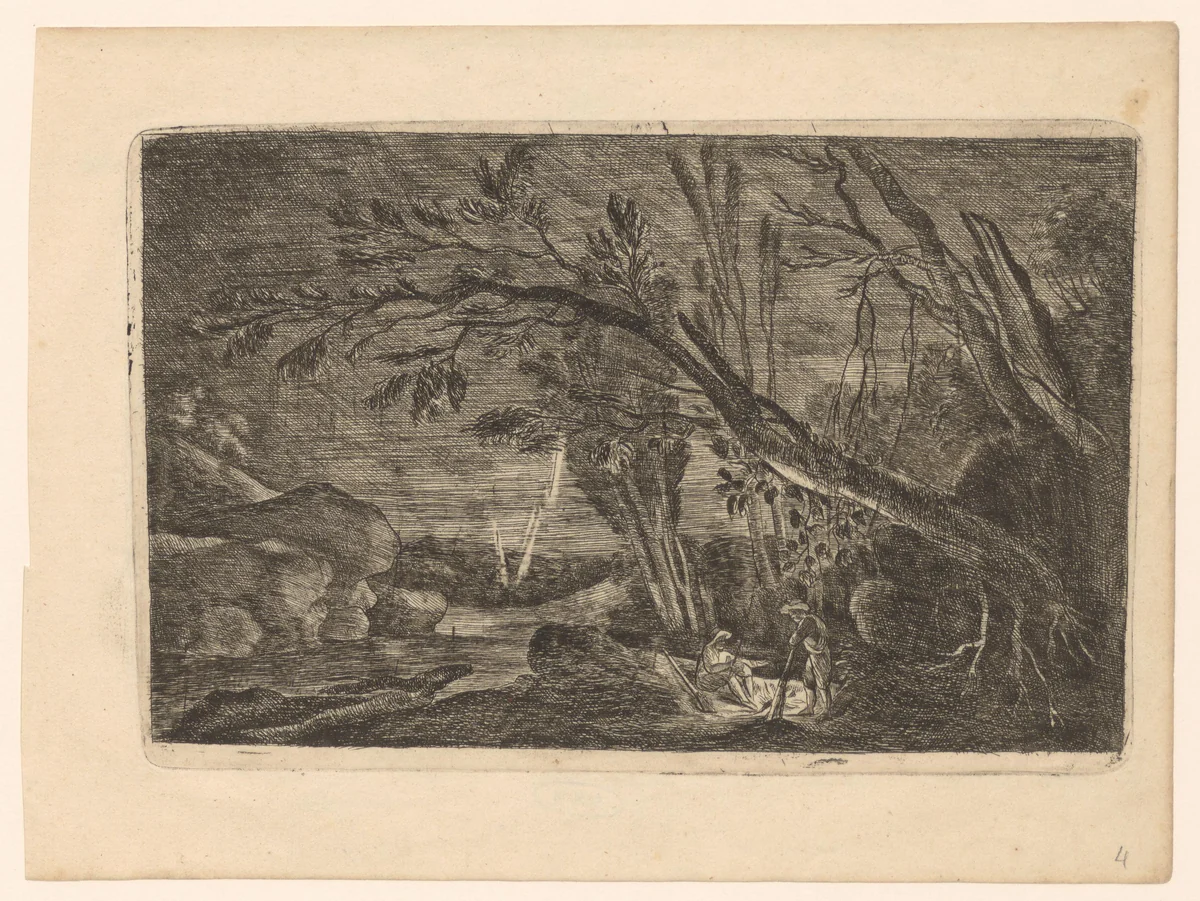 Twee mannen met geweren zitten bij een vuur, in een landschap bij nacht by John Evelyn, print, 1649
