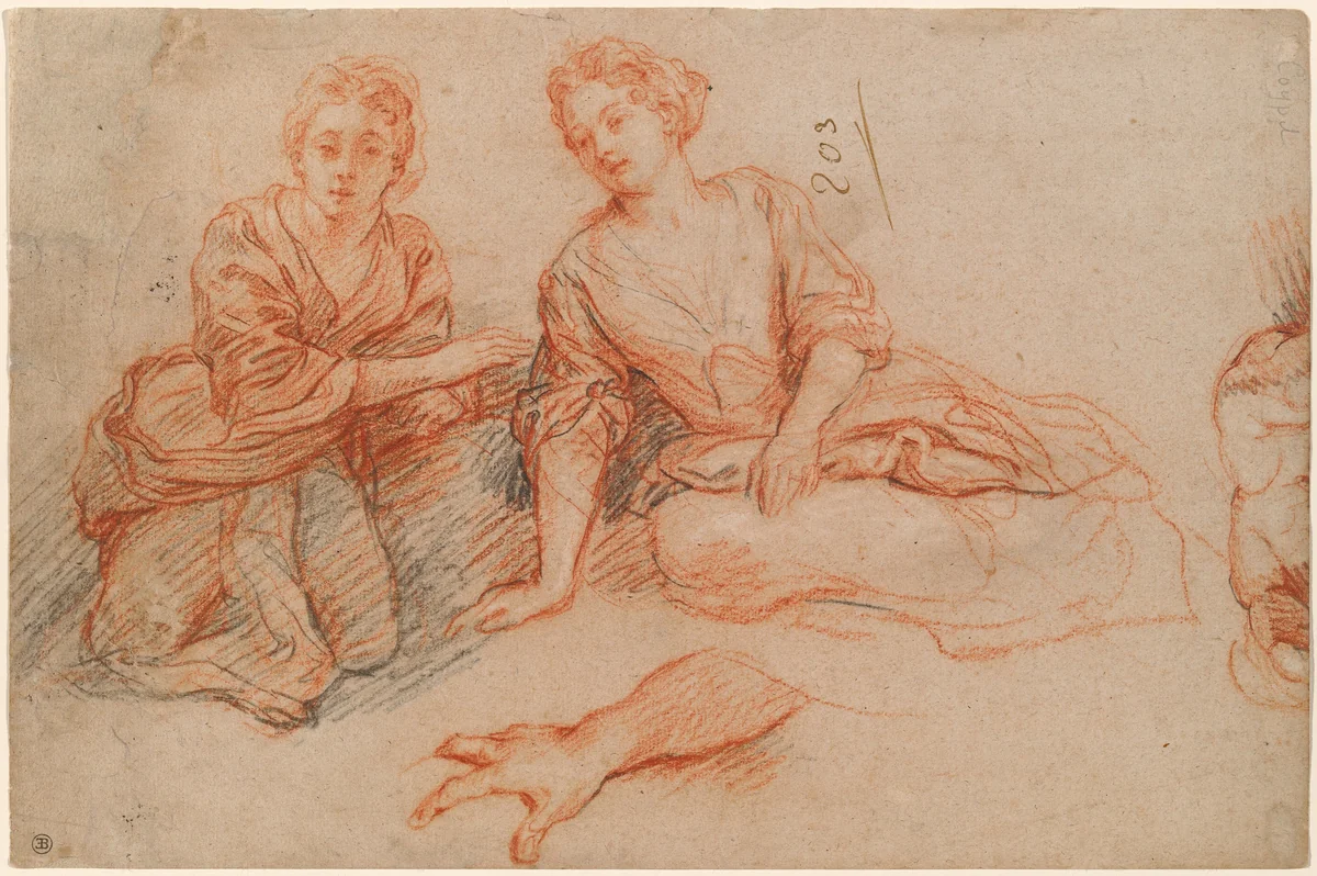 Two Young Women Seated on the Ground [recto] by Charles de La Fosse, drawing, 1695-1703