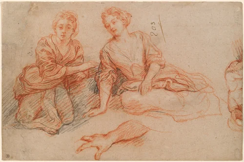 Two Young Women Seated on the Ground [recto] by Charles de La Fosse, drawing, 1695-1703