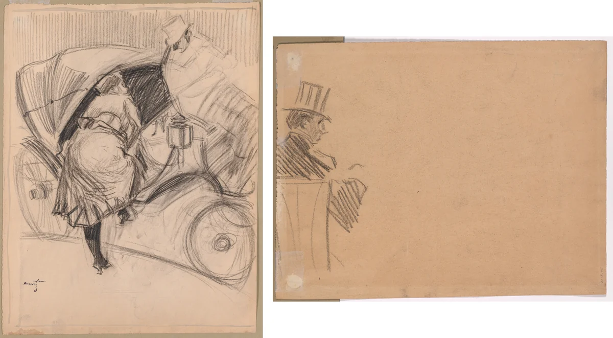 Woman Entering a Fiacre (recto); Right Profile of Man Wearing Tall Hat (verso) by Jean-Louis Forain, drawing, 1875-1899