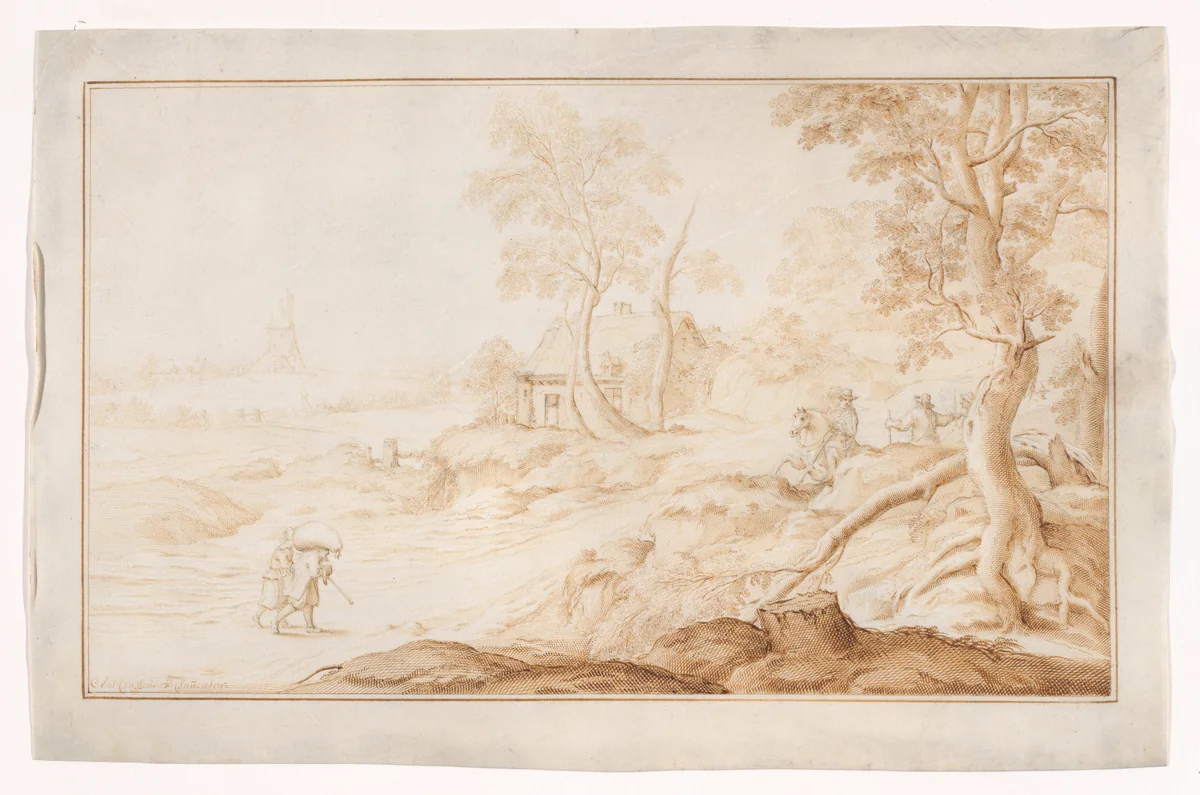 Landscape with a horseman and a windmill in the distance by Anton Crussens, drawing, 1650-1660
