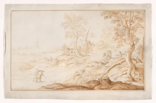 Landscape with a horseman and a windmill in the distance by Anton Crussens, drawing, 1650-1660
