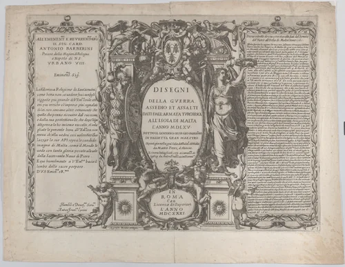 Frontispiece for "Drawings of the war, siege, and assault of the Turkish army on the island of Malta" (Disegni della guerra, assedio et assalti dati dell'armata turchesca all'isola di Malta) by Antonio Francesco Luccini, print, 1631