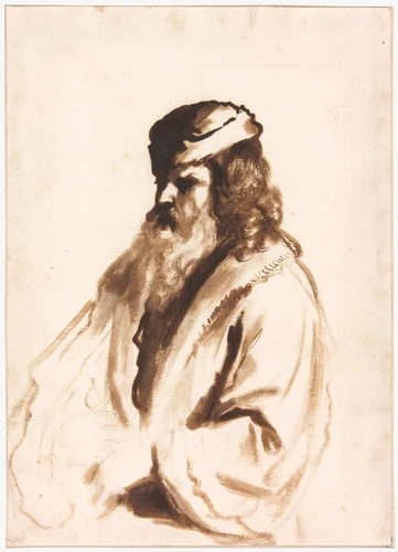 A Bearded Figure Wearing a Turban and Fur Coat, Half Length, Turned to the Right by Gerbrand van den Eeckhout, drawing, 1665-1675