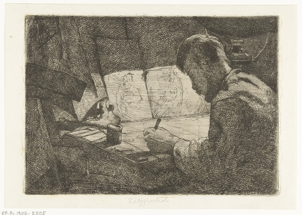 Zelfportret achter de tekentafel by Gerard Jan Bos, print, 1883