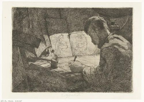 Zelfportret achter de tekentafel by Gerard Jan Bos, print, 1883
