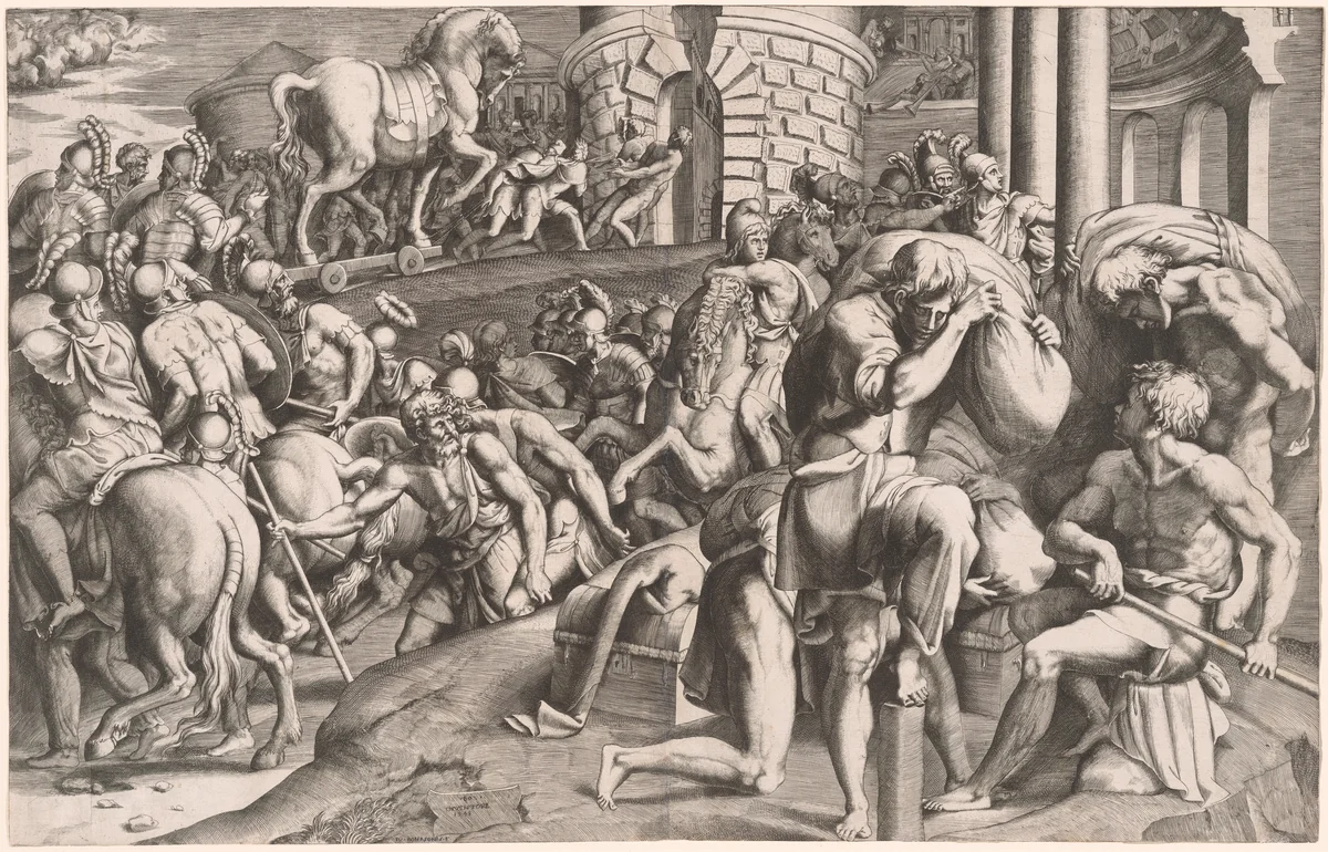 The Trojans Hauling the Wooden Horse into Troy by Giulio Bonasone
Francesco Primaticcio, print, 1545