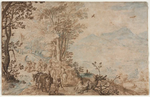 Landscape with Travelers by Jan Brueghel, drawing, 1605
