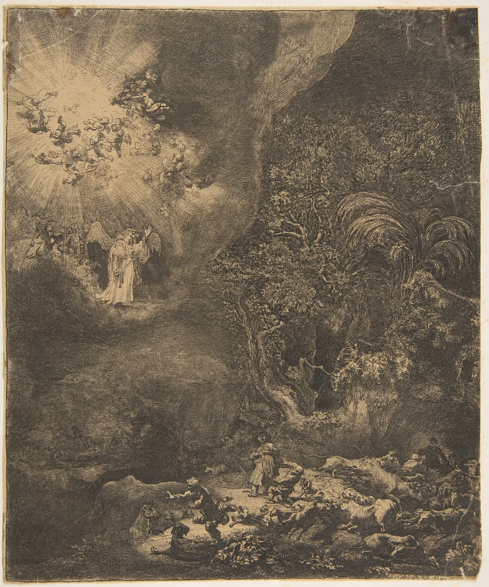 The Angel Appearing to the Shepherds by Rembrandt van Rijn, print, 1634