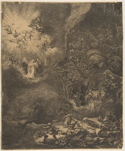 The Angel Appearing to the Shepherds by Rembrandt van Rijn, print, 1634
