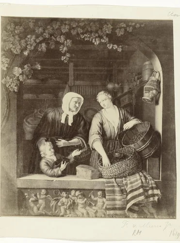 Fotoreproductie van het schilderij De kruidenierster door Frans van Mieris II by anonymous, photograph, 1867-1880