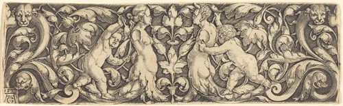 Cross Panel with Vine in Center and Tritons' Couple by Heinrich Aldegrever, print, 1537