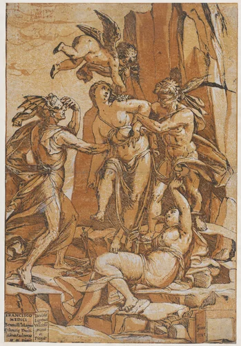 Virtue as a young woman in the centre of four figures representing love, error, ignorance and opinion by Andrea Andreani, print, 1585