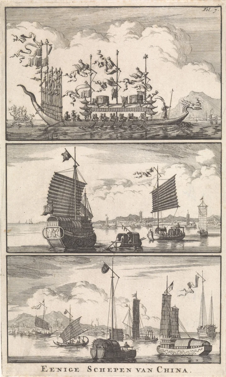 Verschillende Chinese vaartuigen by Jan Luyken, print, 1697