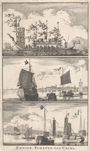 Verschillende Chinese vaartuigen by Jan Luyken, print, 1697