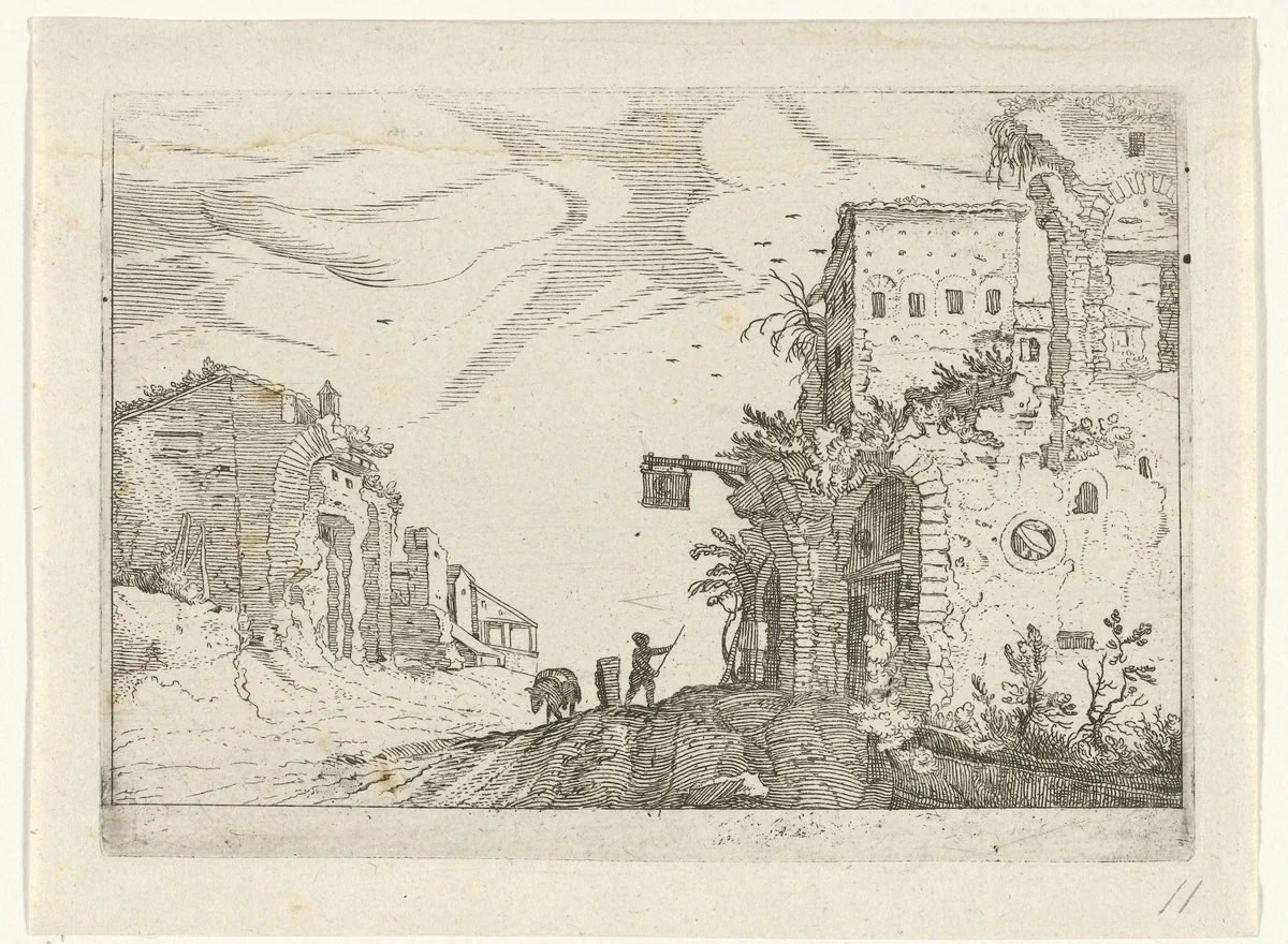 Weg tussen ruïnes by anonymous, print, 1594-1685