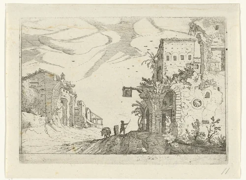 Weg tussen ruïnes by anonymous, print, 1594-1685